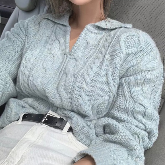 Cable knit sweater collar knit cable knit gray blue long sleeve - Picture 3 of 5